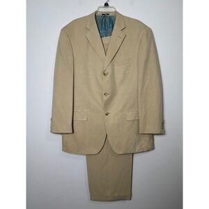 Ibiza Mens Silk Linen 2 PC Suit Jacket 42R Pants 36X27 Tan Coastal Wedding